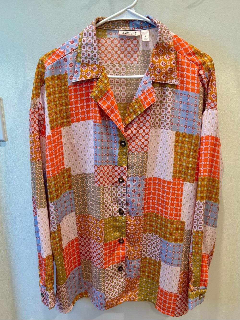 Willow + Root Patchwork Print Long Sleeve Button Down Blouse Size L